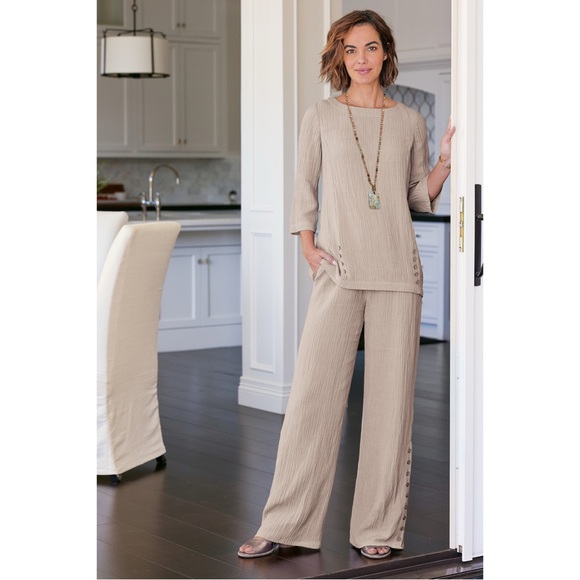 Soft Surroundings Oceo Crinkle Gauze Tunic and Gauze Pants Set Pebble Taupe S